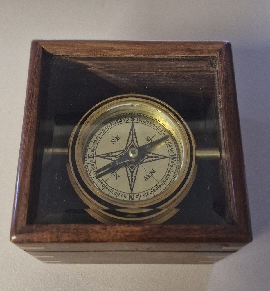 BRASS GIMBAL COMPASS BOXED ~ NAUTICAL COMPASS ~ MARITIME ~ PIRATE ~ COMPASS