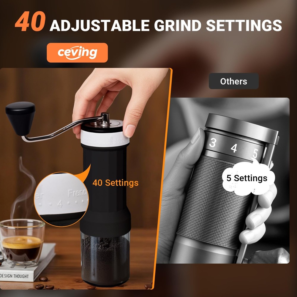 Mini Manual Coffee Grinder – 40 Adjustable Settings, Portable Hand Crank Mill...