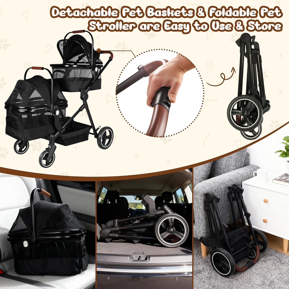 Foldable Double Pet Stroller for 2 Small Medium Cats Dogs, Lightweight Single an