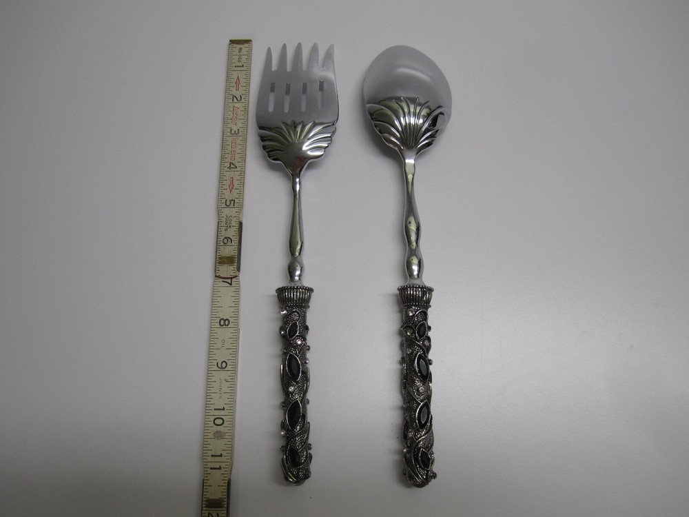 2 Saints Silver Serving Salad Fork & Spoon Set Ornate Black & Crystal Handles