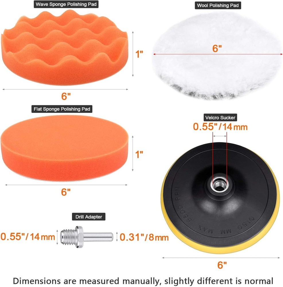 Versatile 6-Inch Buffing Pad Kit with Drill Adapter - 11 Professional Tools