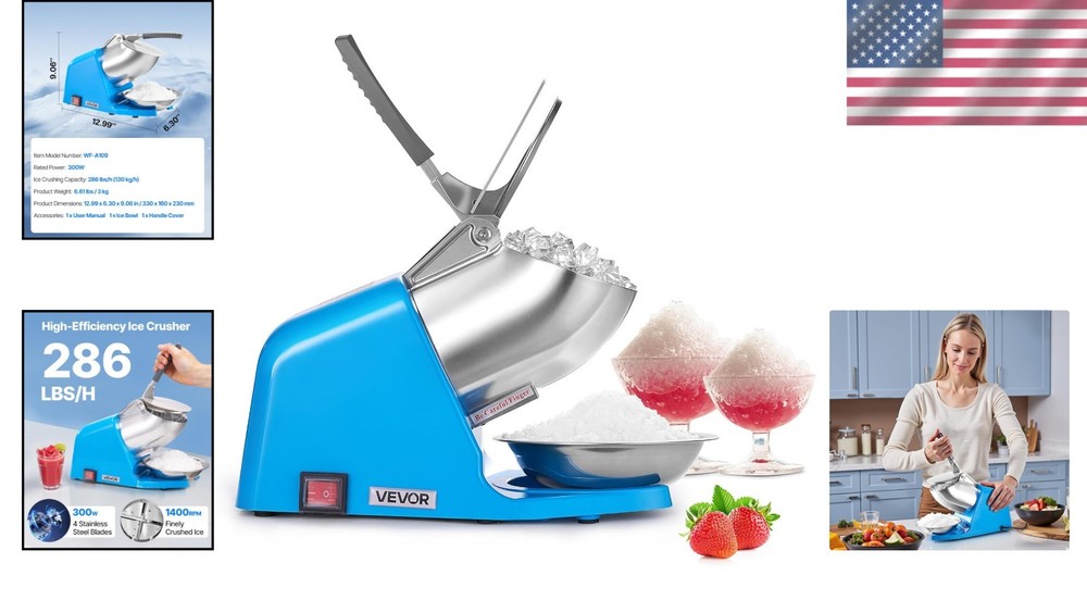 Ice Crusher Machine - 286lbs/hr Electric Snow Cone Maker, Compact Design