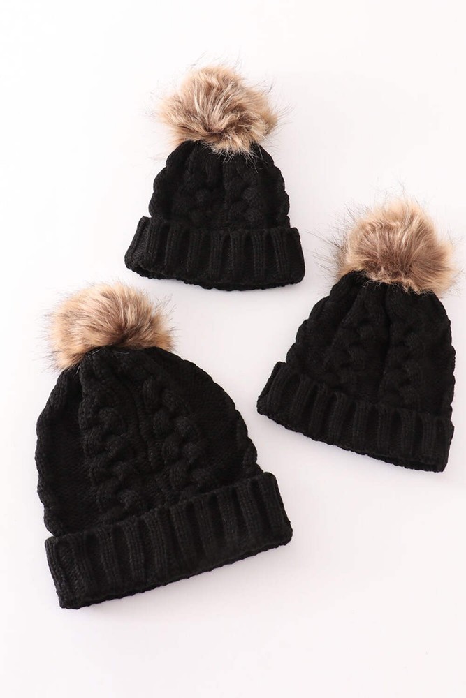 Black pompom cable beanie hat