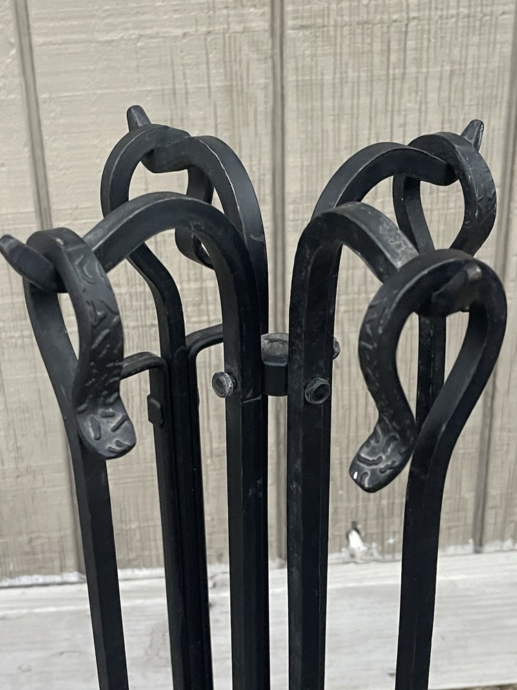 PILGRIM 4 piece Fireplace Tool Set & stand. Matte - Black Wrought Iron 28 " high