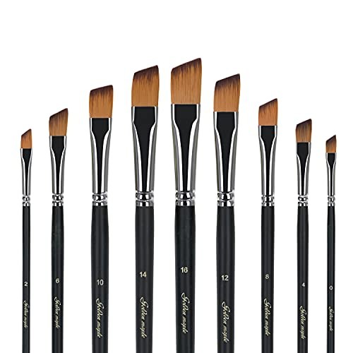 Angular Paint Brush, 9PC Oblique Tip Nylon Hair Long Handle - Angled Paint