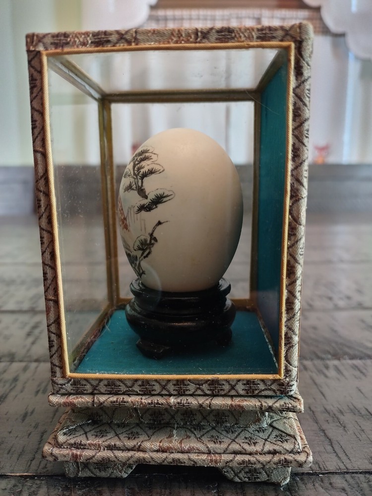 Vintage Easter Asian Chinese Handpainted Real Egg Cheetah In Shadow Box
