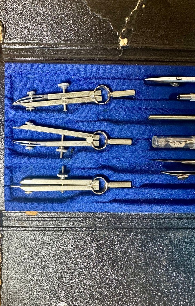 Vtg Drafting Tool Set Engineering Instruments In Black Case Incomplete Set