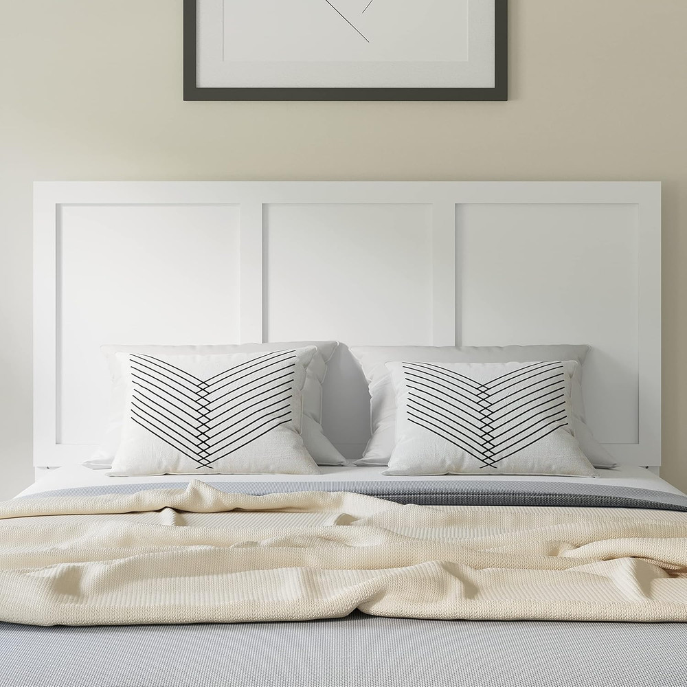 Elegant Full Size White Wooden Headboard with Three Panel Design