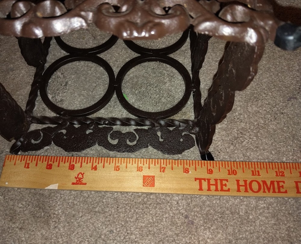 Vtg Solid wrought Iron Wine Rack scroll stand alone heavy dark brown 6 bottles