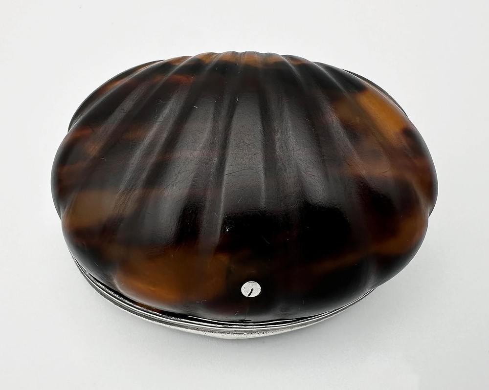 LATE 17TH / EARLY 18TH CENTURY SILVER MOUNTED SHELL FORM SNUFF BOX