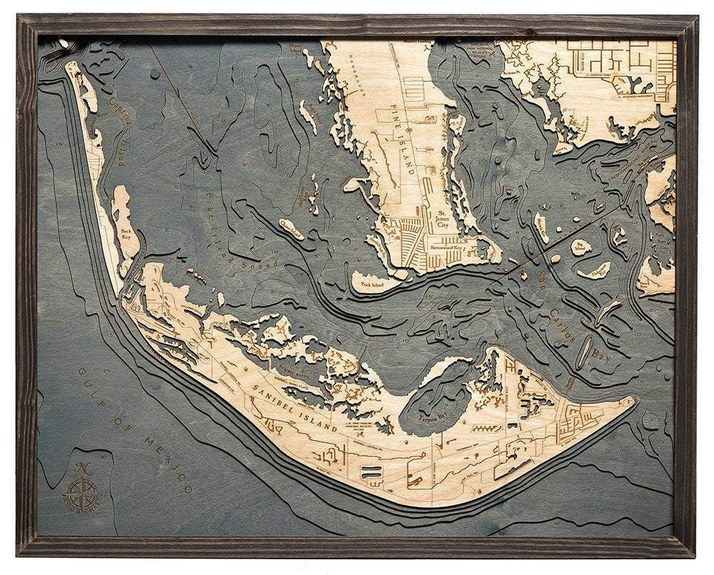 Sanibel Island Wood Carved Topographic Depth Chart / Map