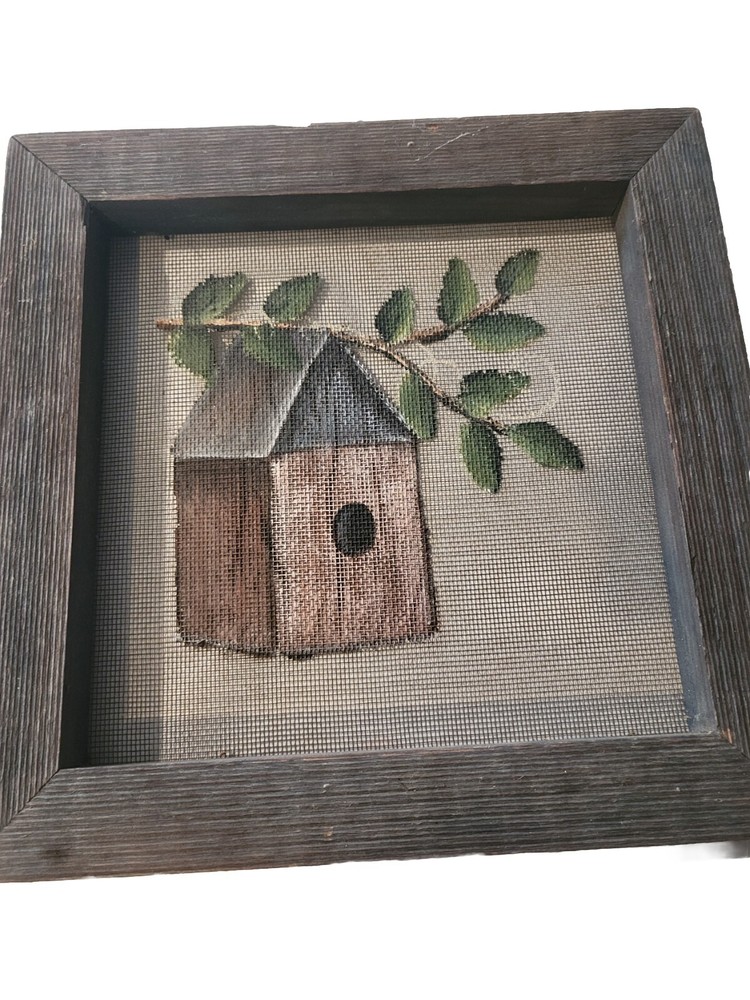 Birdhouse Picture Painted On Wire With Frame