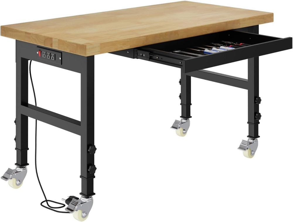 48" Heavy Duty Work Bench with Drawers, Adjustable Height Workbench with Wheels,