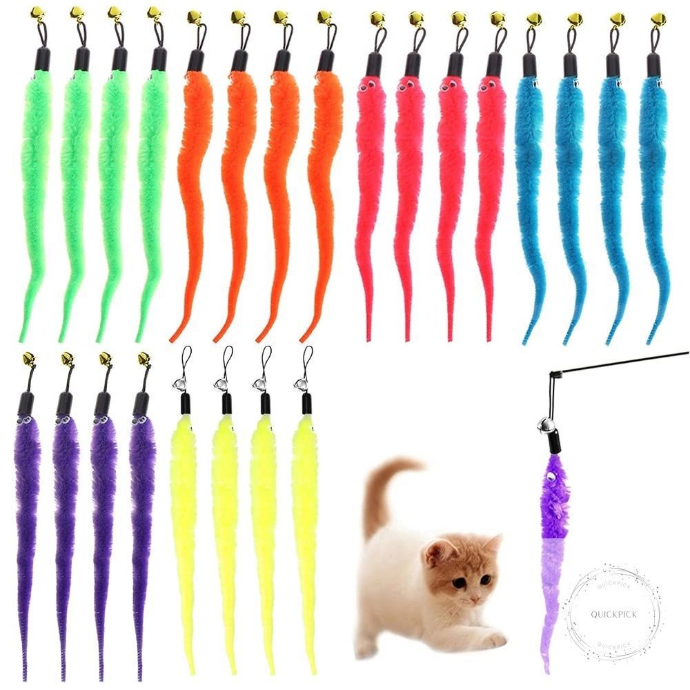 24 PCS Cat Worm Toy Replacement Teaser with Bell Refills Indoor Cat's Interactiv