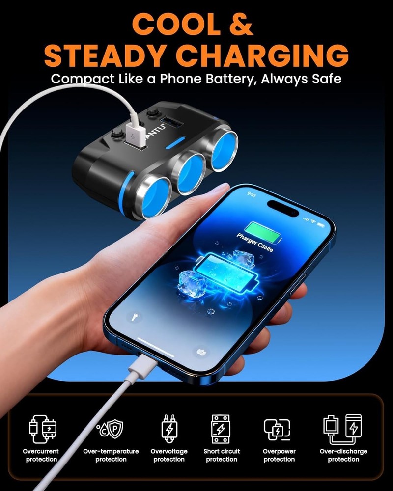 Car Cigarette Lighter Adapter with 150W Output & 3-Sockets for Multiple Devices