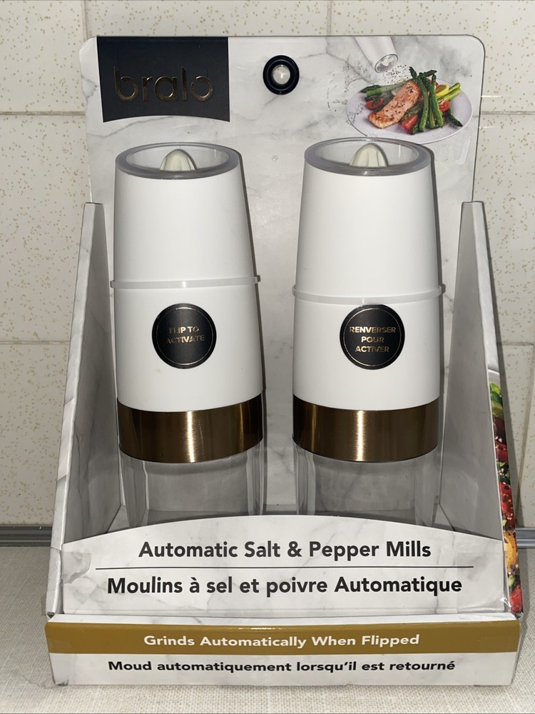 Bralo Automatic Electric Salt & Pepper Mills White LED Lights NEW