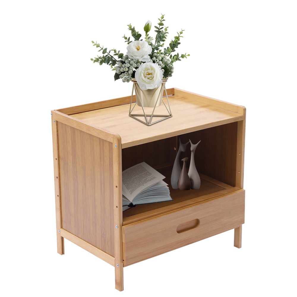 Bedroom Storage Organizer Side Table Bamboo Bedside Nightstand End Table+Drawer
