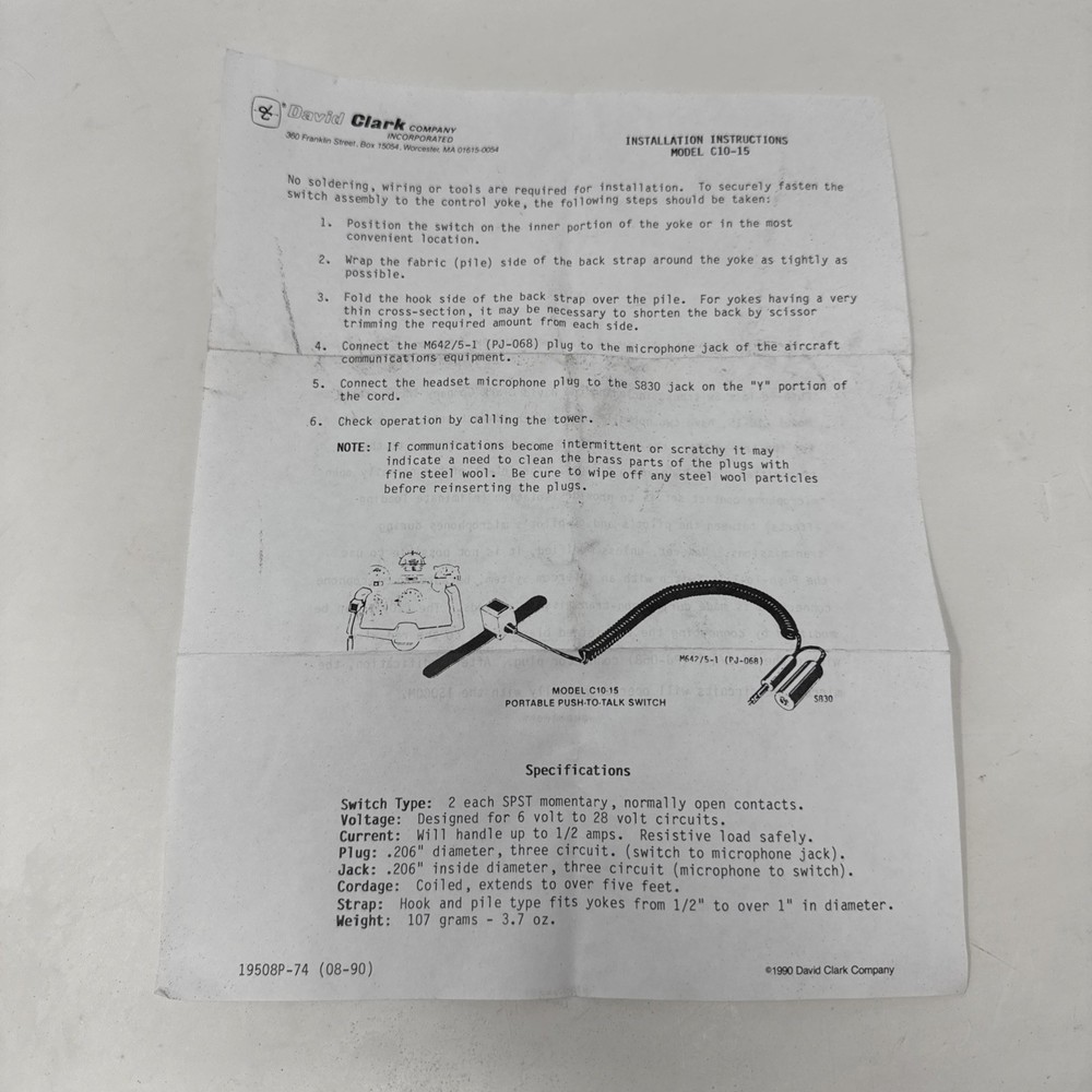 David Clark C10-15 PTT (Push to Talk) SWITCH