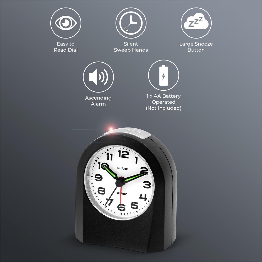 Sharp Small Battery Operated Analog Alarm Clock Silent No Ticking, Black