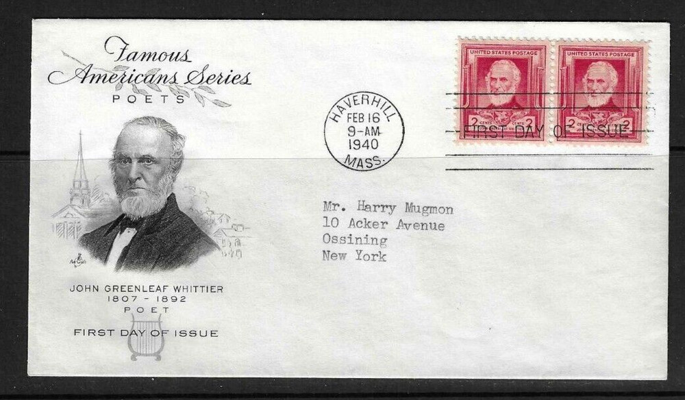 USA SC # 865 John Greenleaf Whittier FDC . Artcraft Cachet
