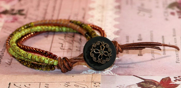 Brown Leather Wrapped Bracelet, Tri-Cuts, Toho Seeds, 18mm Button, (brac21)