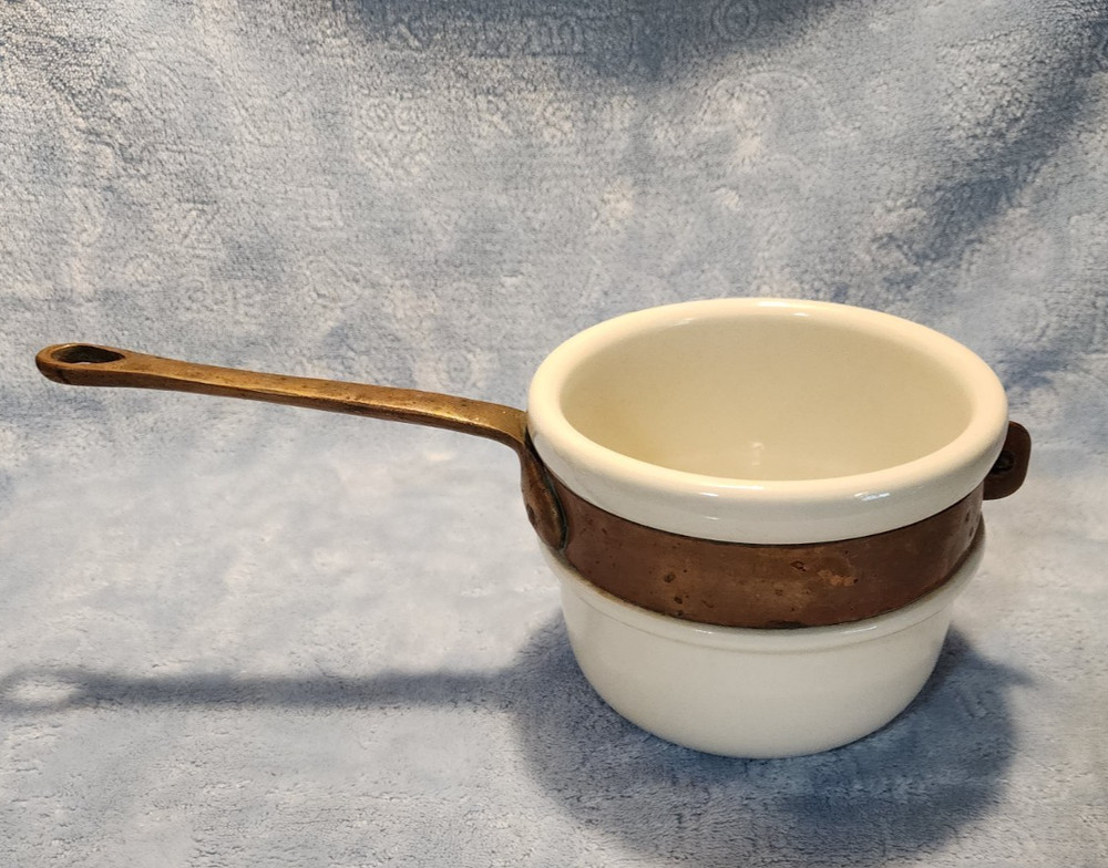 Vintage Hall Double Boiler Insert White Ceramic Copper Band Brass Handle Pot