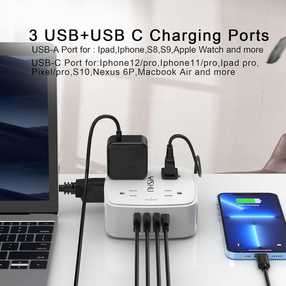 6ft Surge Protector Power Strip, 8 Outlets + 4 USB, Flat Plug Wall Mount
