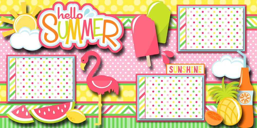 HELLO SUMMER 2 premade scrapbook pages paper piecing layout printed BY DIGISCRAP