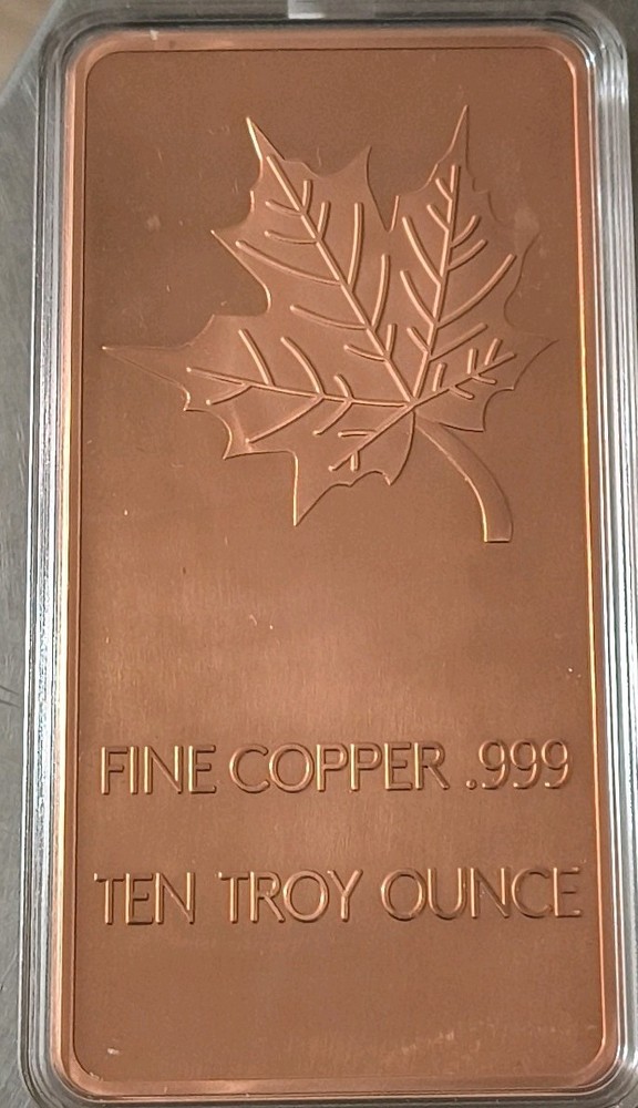 10 Ounce .999 Fine Polished Copper Maple Leaf Bar Capsulated