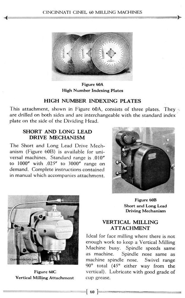 Cincinnati Cinel 60 Horizontal Milling Machine Operator Instructions Manual 1607