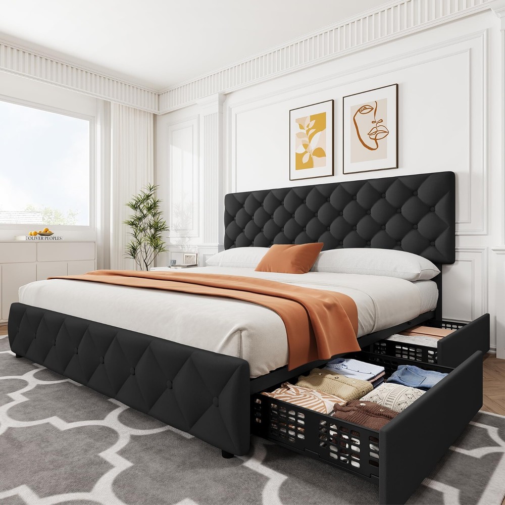 Full Queen King Size Linen Upholstered Platform Bed Frame with 4 Storage Drawers