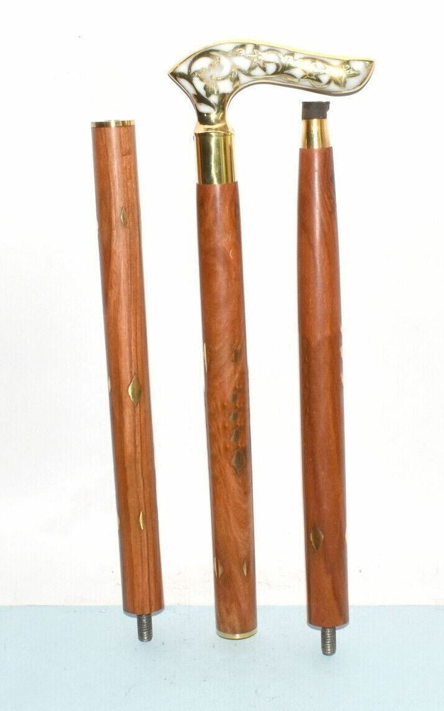Victorian designer brass head handle working brown vintage walking stick
