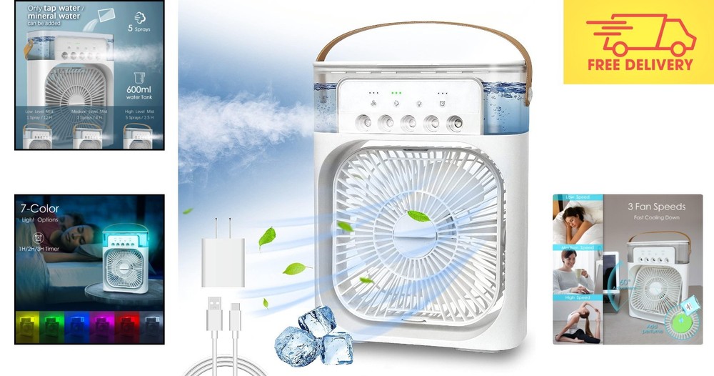 Versatile Personal Evaporative Air Cooler with LED Lights and Easy Carry Handle