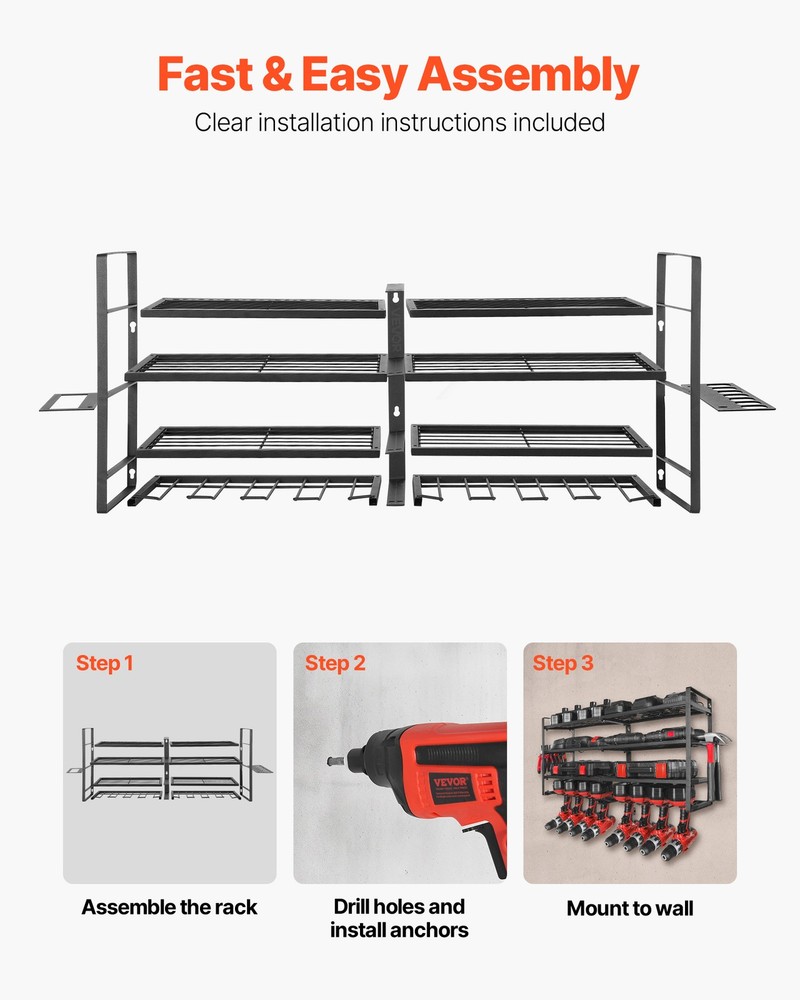 VEVOR Power Tool Organizer Wall Mount 4-Layer Tool Storage Rack 8 Drill Holders