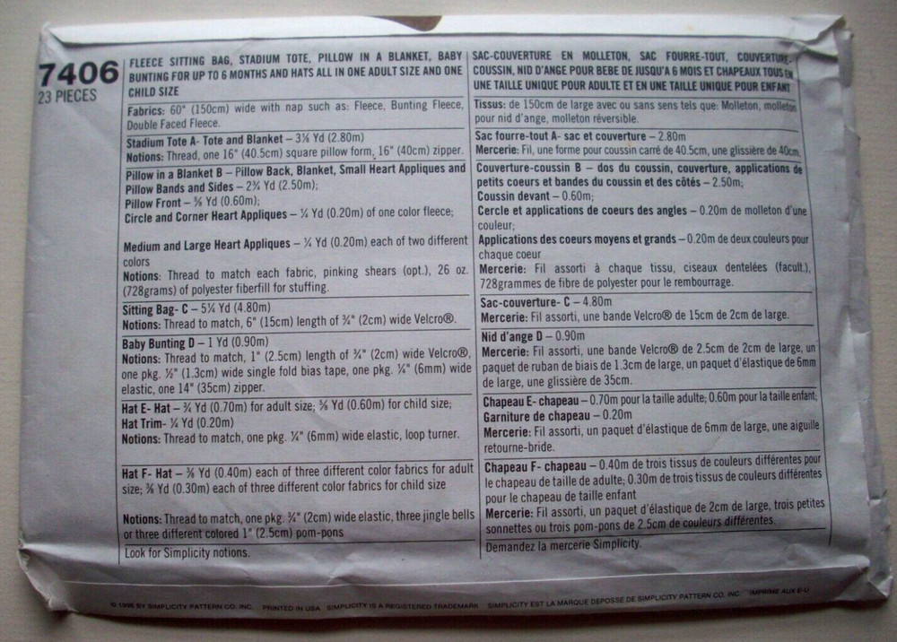 Sitting bag tote blanket hats pattern 7406