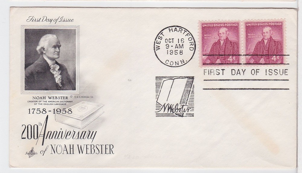 TurtlesTradingPost- Noah Webster Dictionary Author #1121 FDC 1958 Artcraft Pair