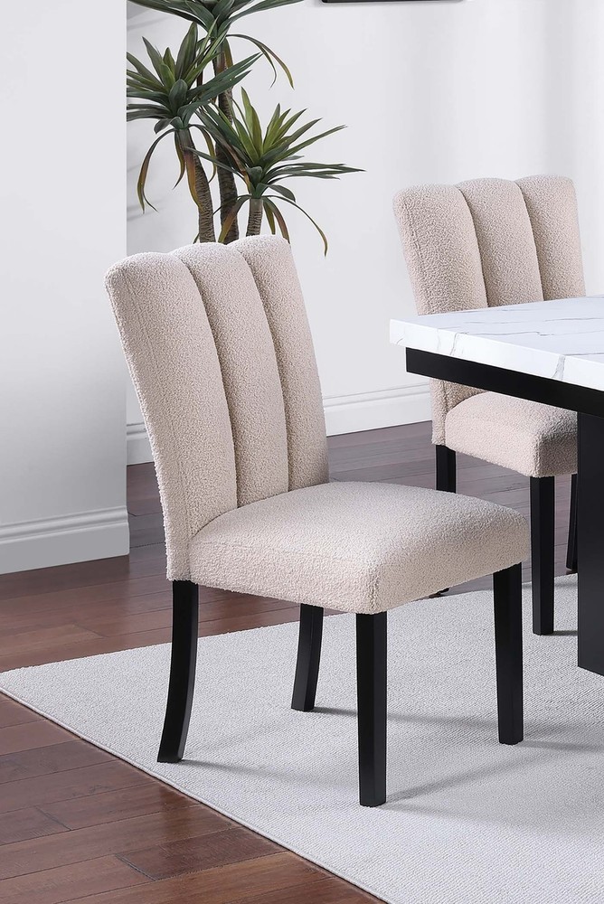 Upholstered Soft Fabric 2pc Dining Chairs Channel Tufting Neutral Tone Side Ch
