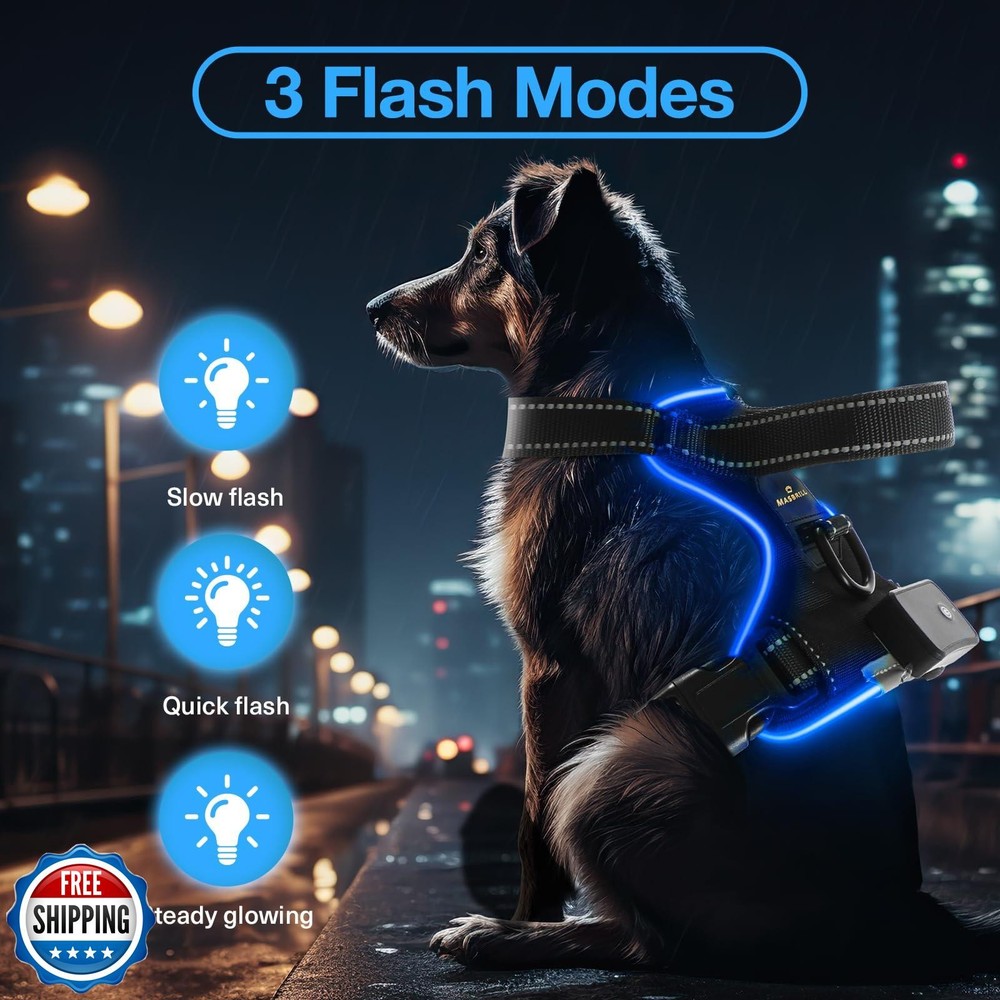 MASBRILL Light Up Dog Harness - No Pull Led Dog Harness Rechargeable Adjustab