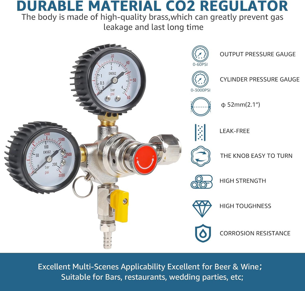 CO2 Regulator and Carbonation Cap Kit Beer Keg Regulator 60Psi Keg Regulator for