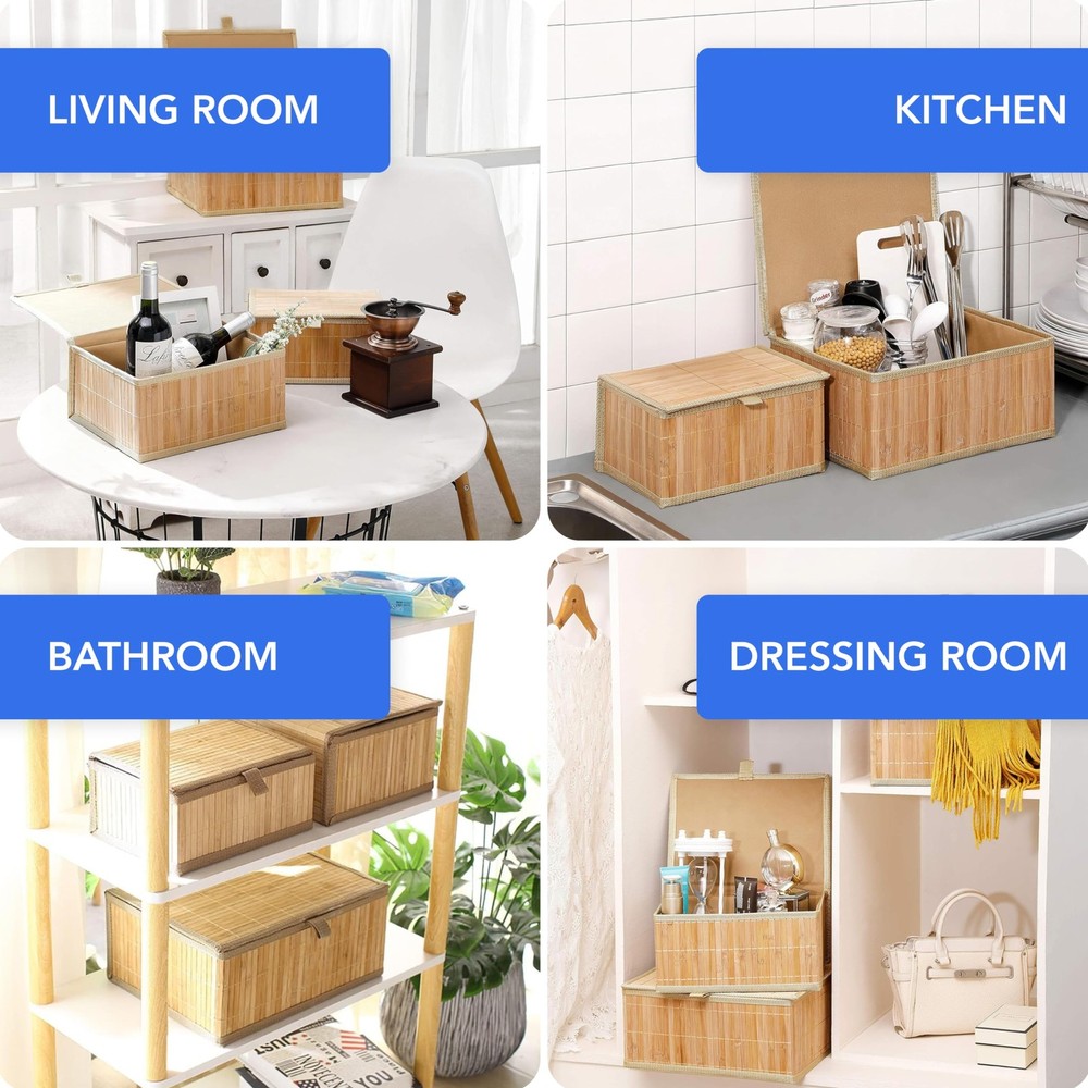Bamboo Decorative Storage Boxes With Lids - Nesting Rectangular Lidded Box fo...