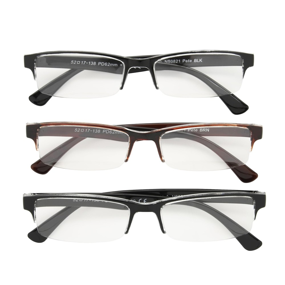 Foster Grant Men's Pete Rectangular Reading Glasses, Black and Brown, 3 Pack,...