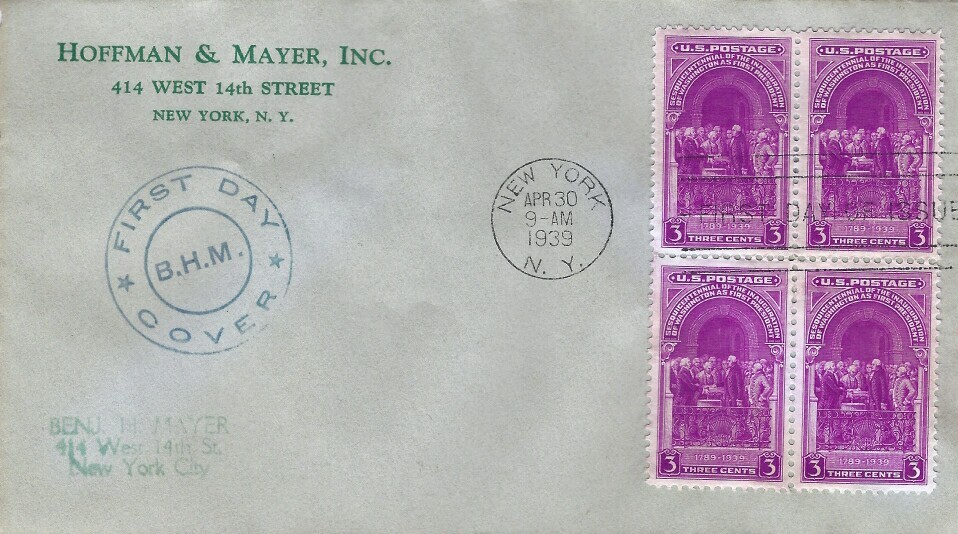 854 3c G. WASHINGTON INAUGURATION - HOFFMAN & MAYER