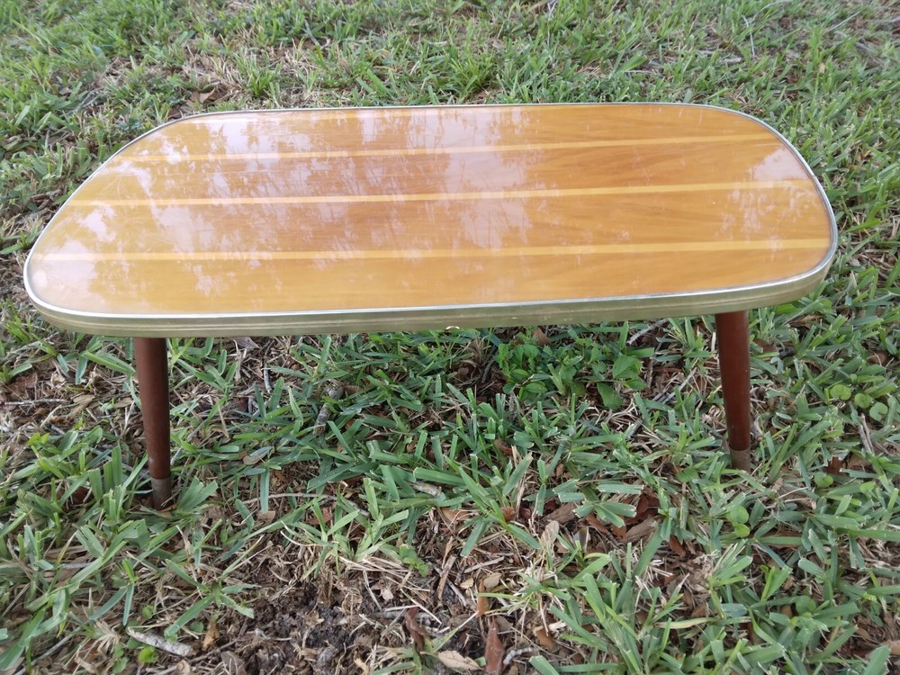 Mid Century Modern Mixed Wood Irregular Small Side Table Striped