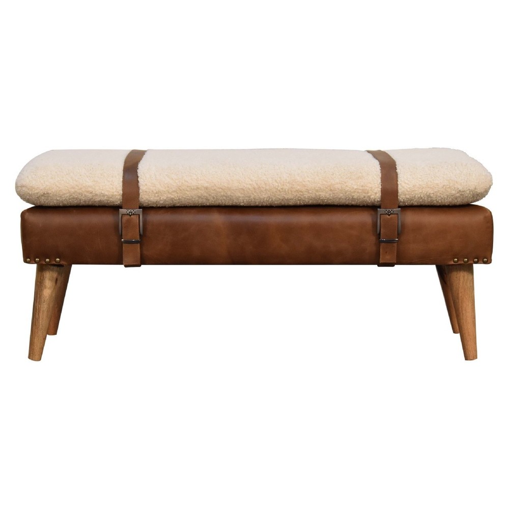 Boucle & Leather Accent Bench
