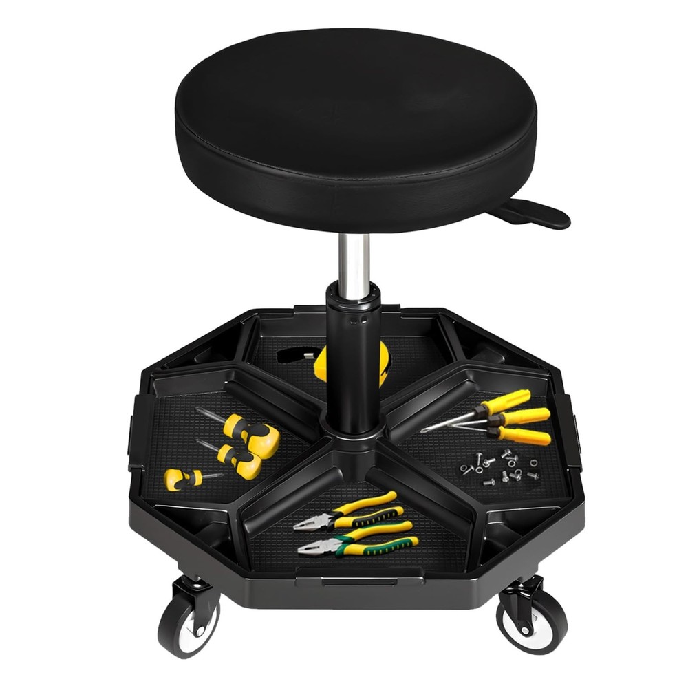Adjustable Pneumatic Garage Rolling Seat with Wheels, 300Lbs Capacity, Tool Tray