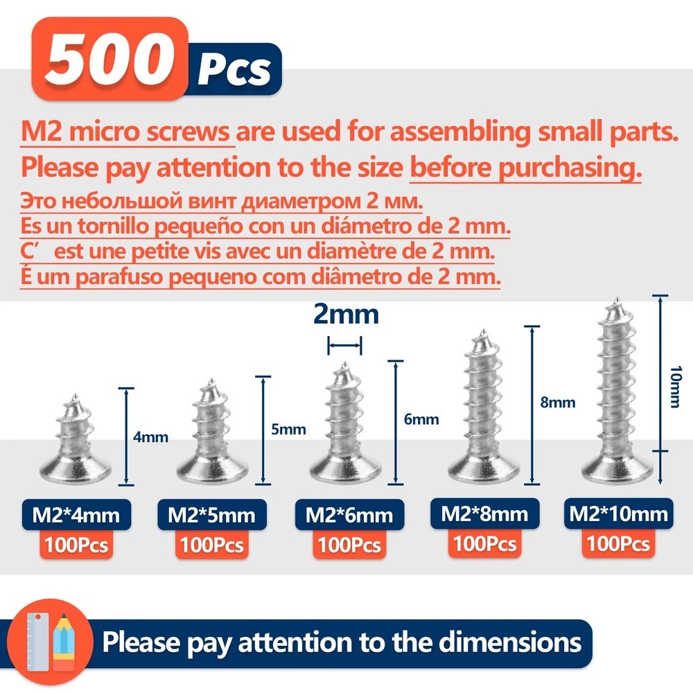 500Pcs Mini M2 Self Tapping Screws Phillips Flat Head Alloy Steel Assortment Kit