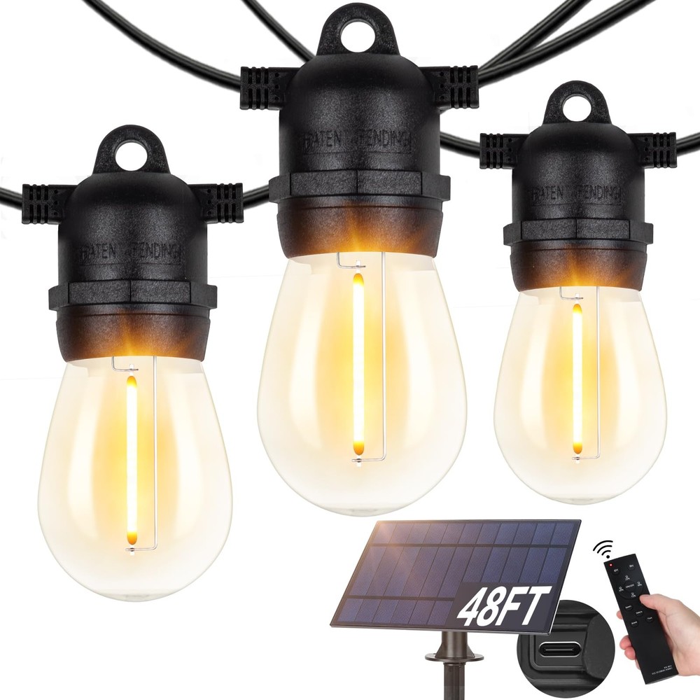 48FT S14 Solar String Lights Outdoor with Remote Controller, Solar Powered Pa...