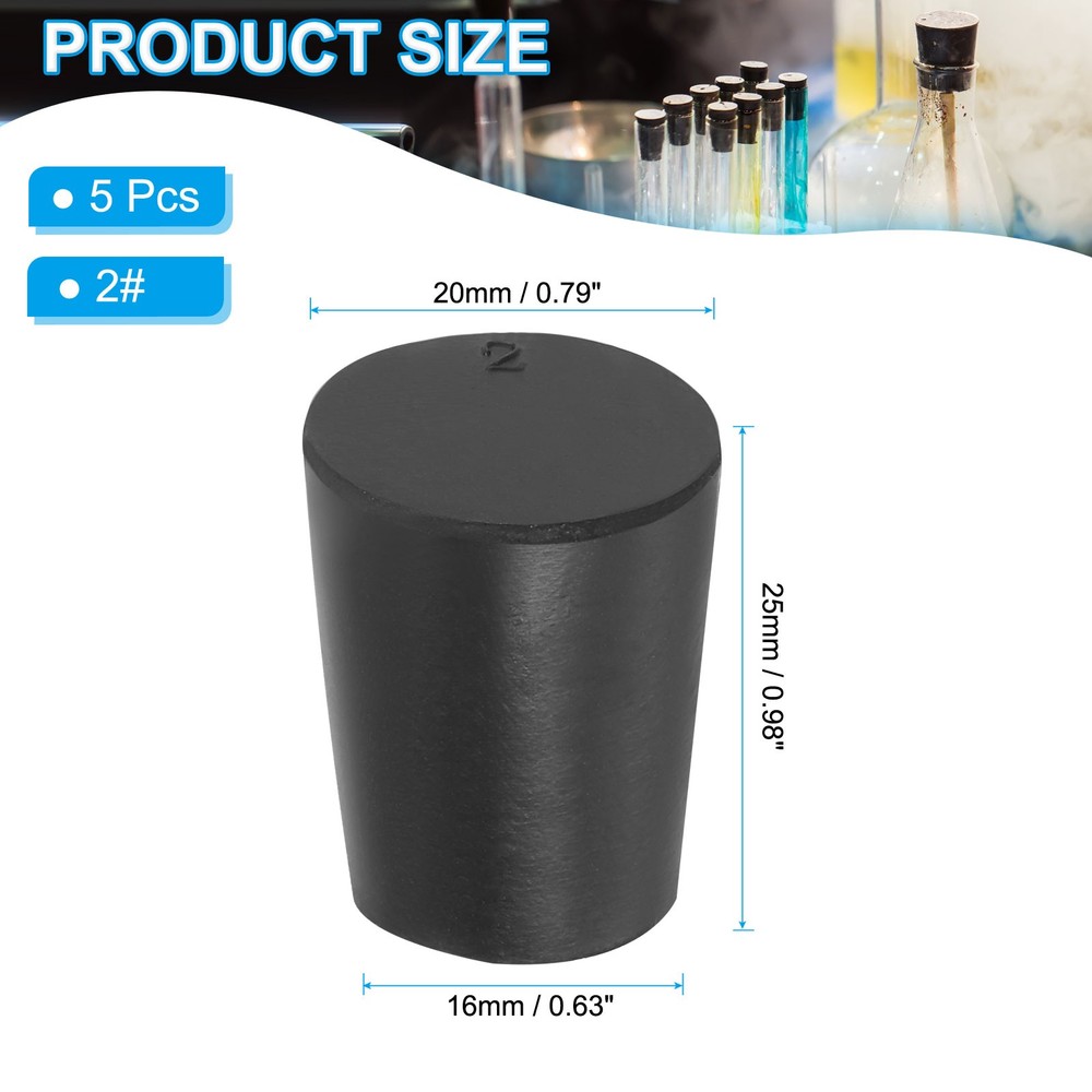 5 Pack Solid Rubber Stoppers 2# Tapered Lab Seal Plug Test Tube Bungs, Black