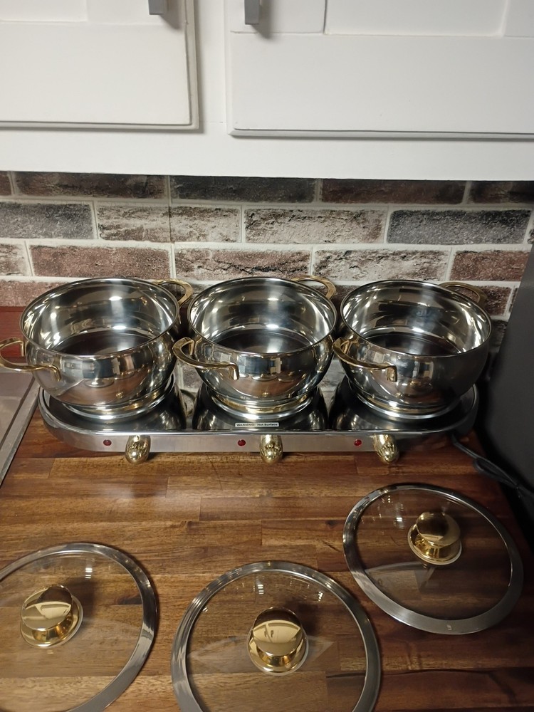 Command Performance Stainless/ Gold Buffet Cookware Set 3 Pots Lids & Warmer