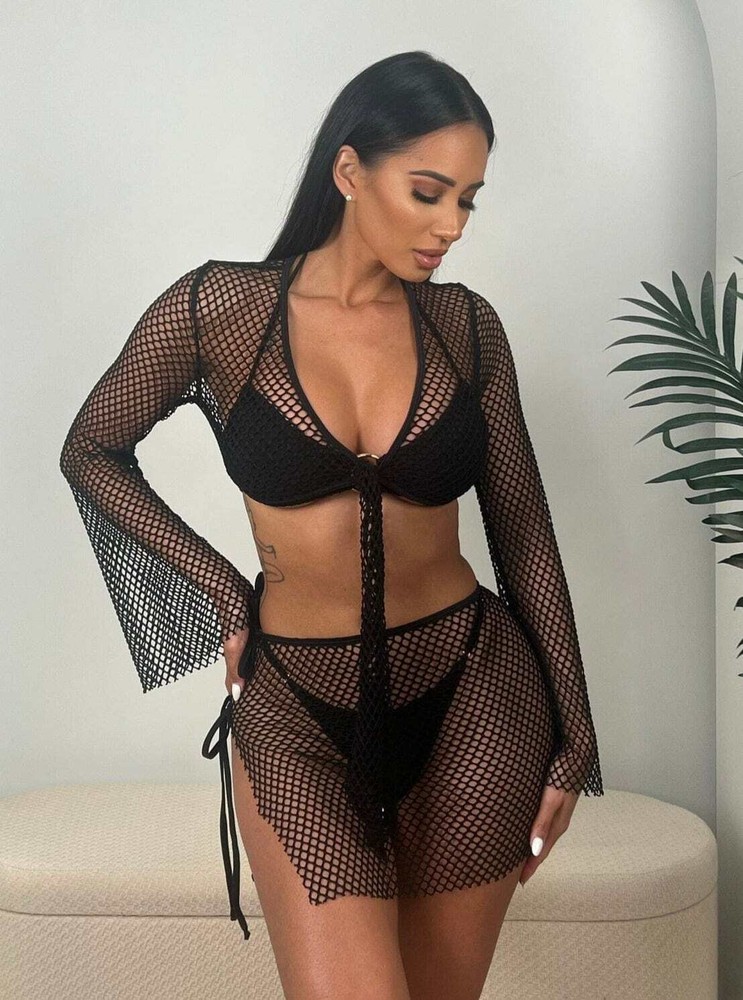 2 Pc. Tulum Tan Mesh Net Tie Front Top & Skirt Beach Cover-Up Set